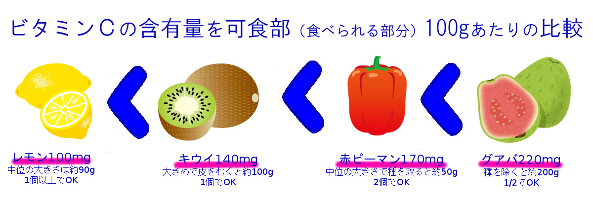 ビタミンＣの含有量を可食部（食べられる部分）100ｇあたりの比較